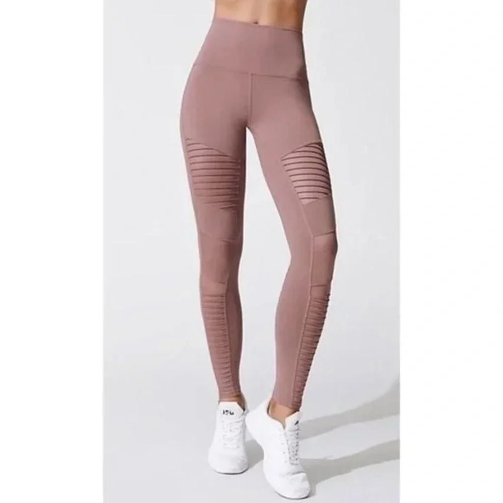 Alo Yoga High-Waist Moto Leggings Ribbed Mesh Paneling Mauve Size Small - Picture 1 of 11